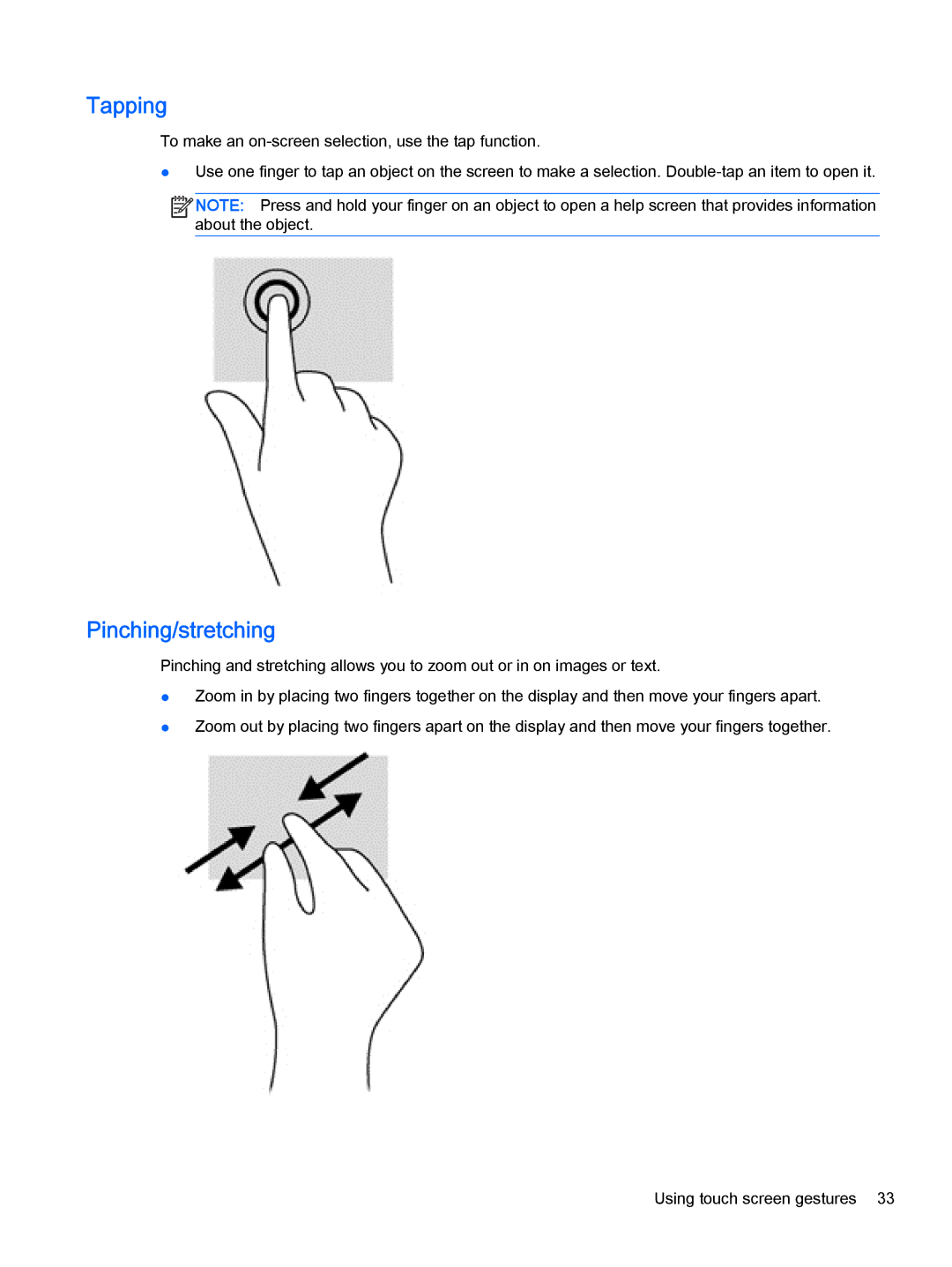 HP Pro x2 612 G1 (Windows 8.1) manual Tapping, Pinching/stretching 