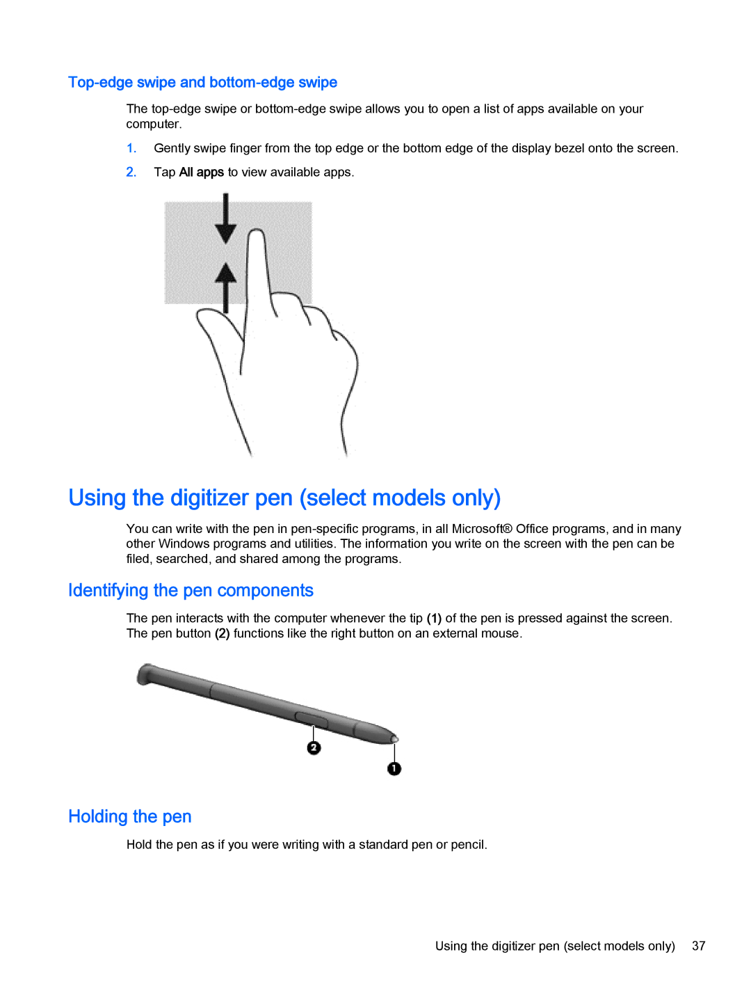 HP Pro x2 612 G1 (Windows 8.1) Using the digitizer pen select models only, Identifying the pen components, Holding the pen 