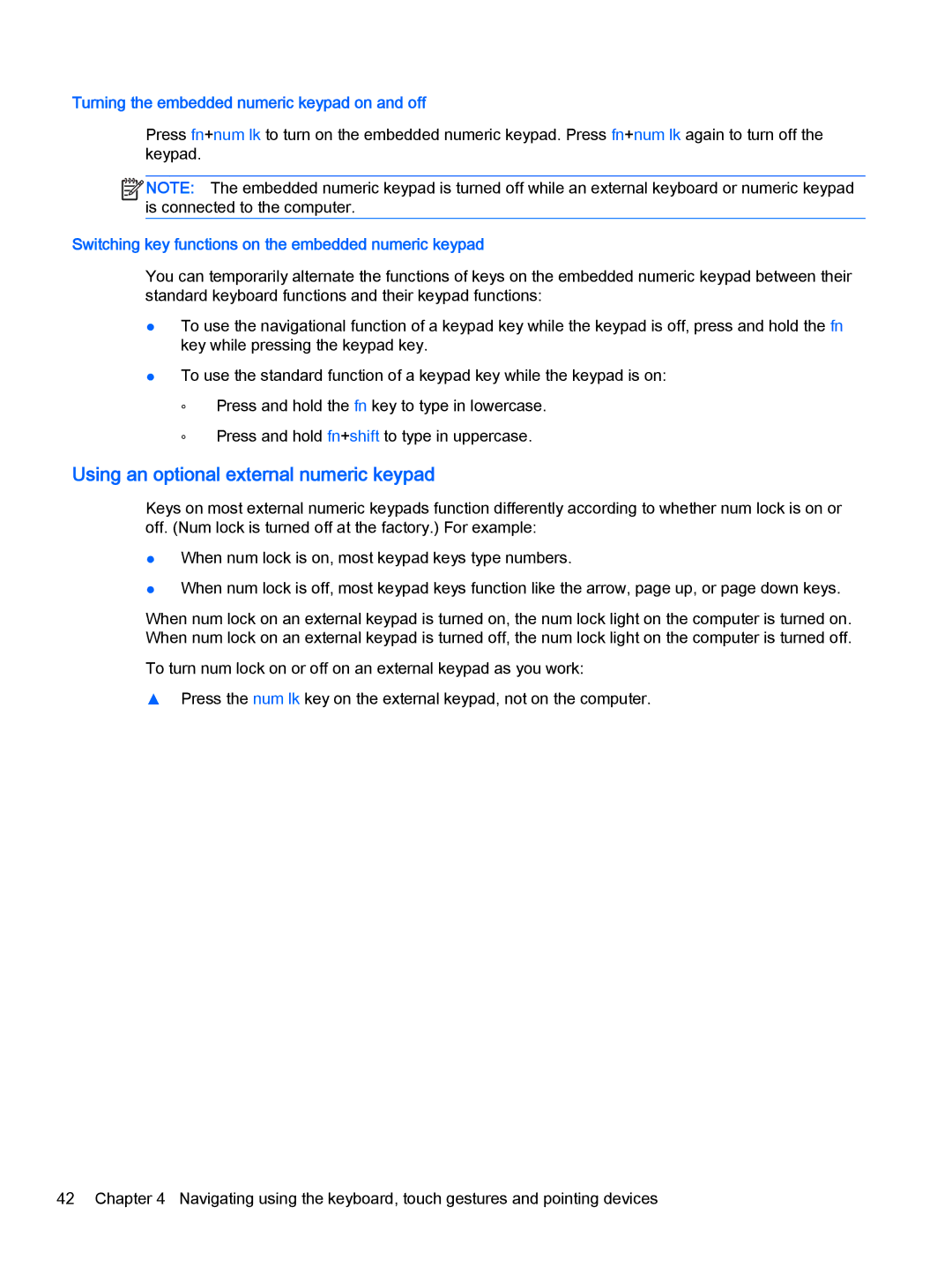 HP Pro x2 612 G1 (Windows 8.1) Using an optional external numeric keypad, Turning the embedded numeric keypad on and off 