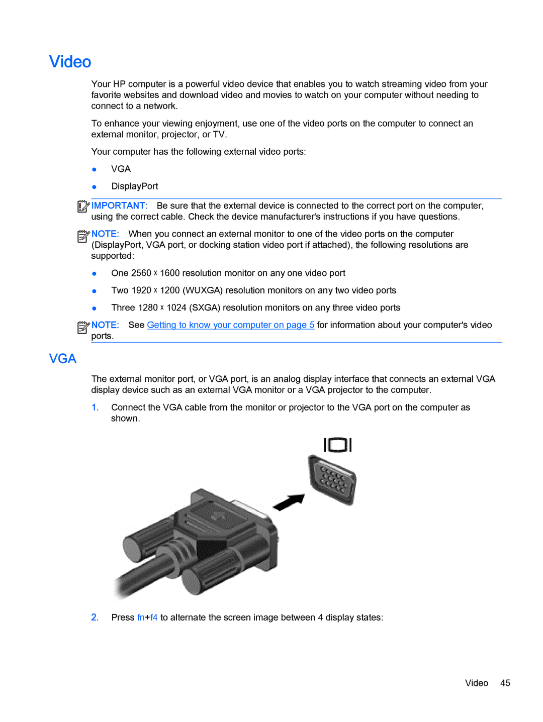 HP Pro x2 612 G1 (Windows 8.1) manual Video, Vga 