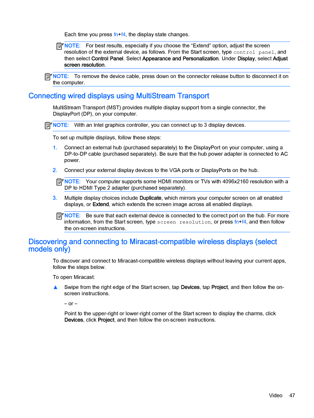 HP Pro x2 612 G1 (Windows 8.1) manual Connecting wired displays using MultiStream Transport 