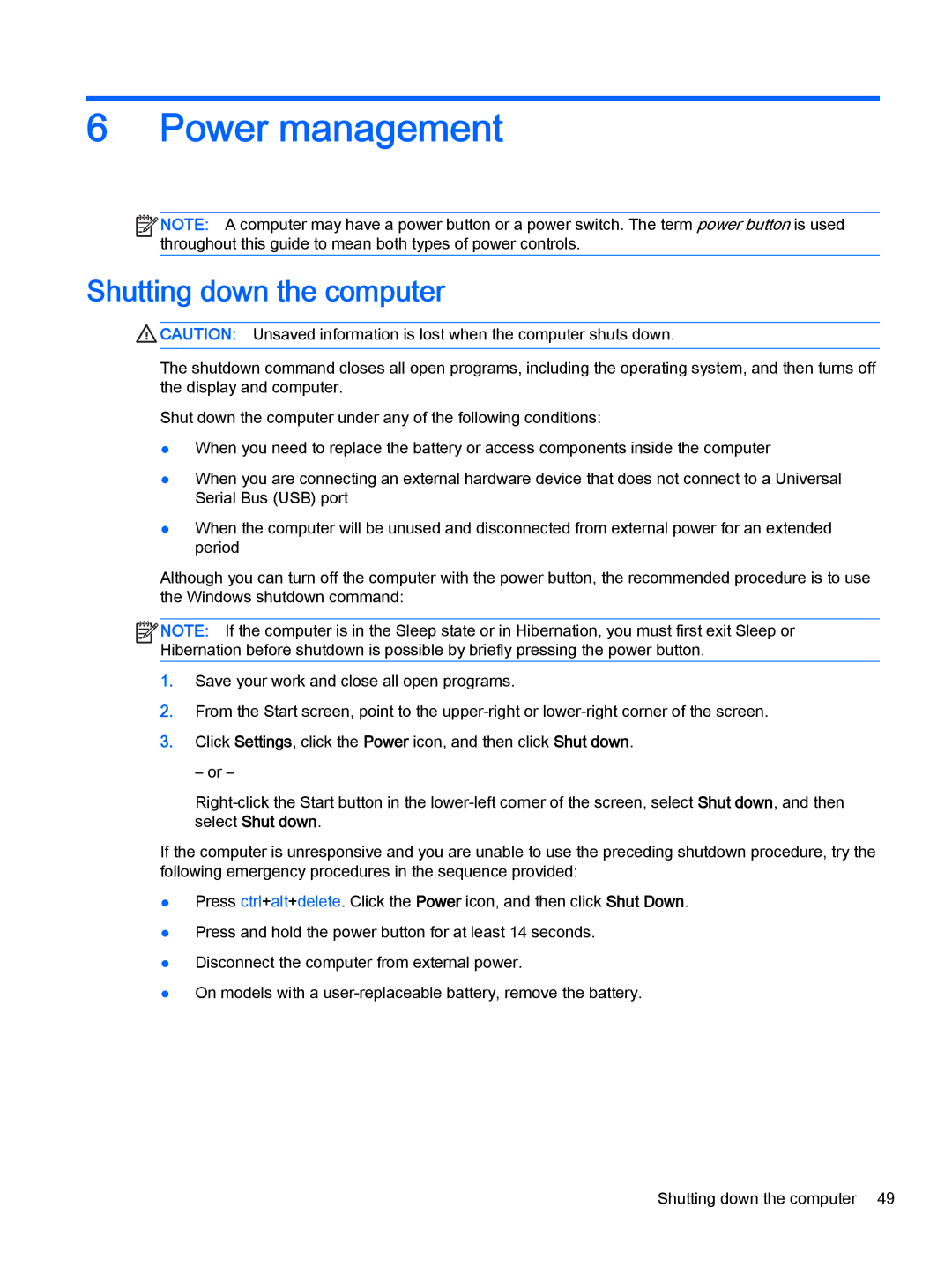 HP Pro x2 612 G1 (Windows 8.1) manual Power management, Shutting down the computer 