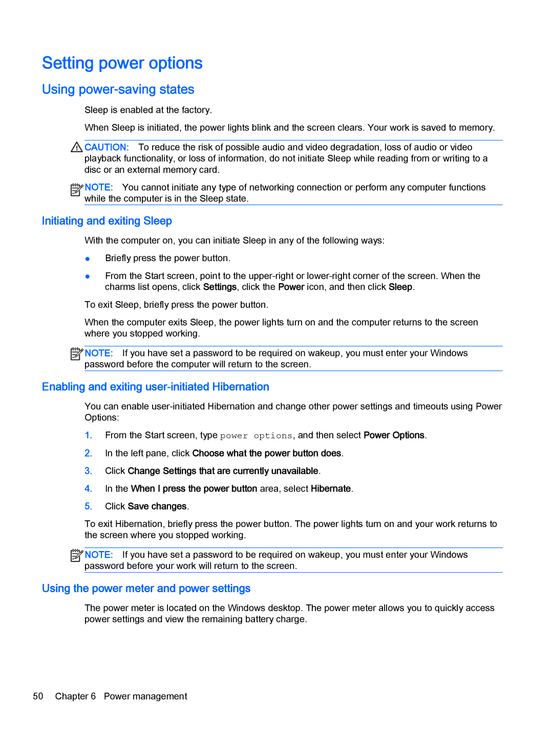 HP Pro x2 612 G1 (Windows 8.1) manual Setting power options, Using power-saving states, Initiating and exiting Sleep 