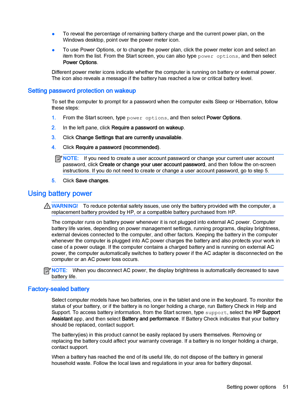 HP Pro x2 612 G1 (Windows 8.1) manual Using battery power, Setting password protection on wakeup, Factory-sealed battery 