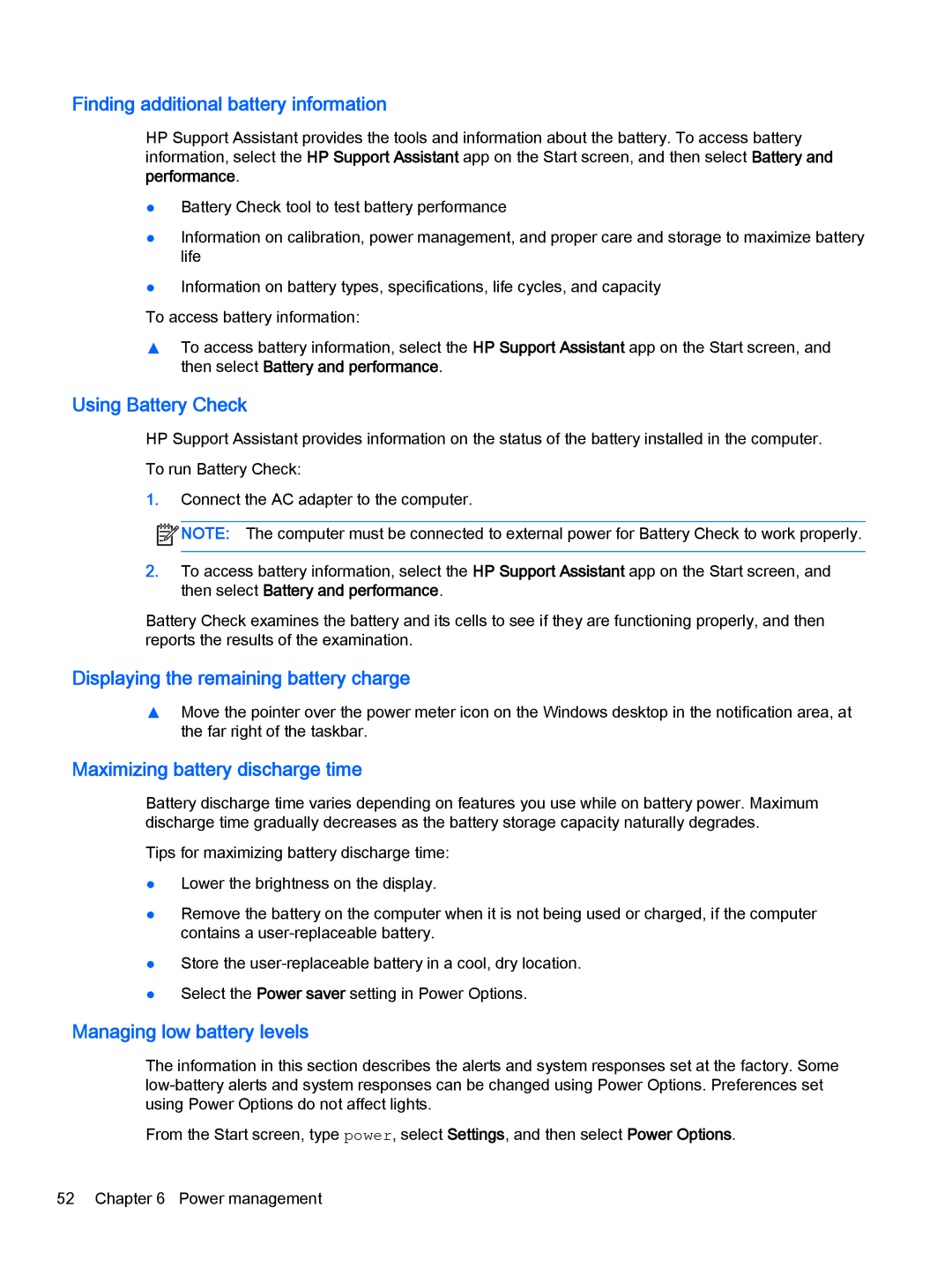 HP Pro x2 612 G1 (Windows 8.1) Finding additional battery information, Using Battery Check, Managing low battery levels 