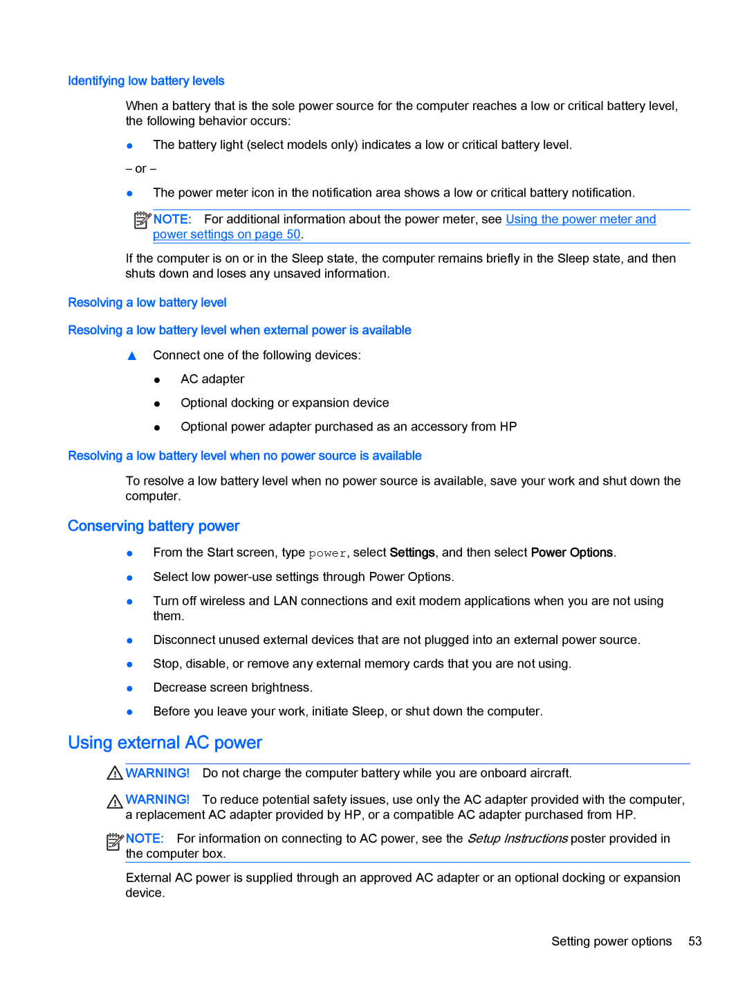 HP Pro x2 612 G1 (Windows 8.1) manual Using external AC power, Conserving battery power 