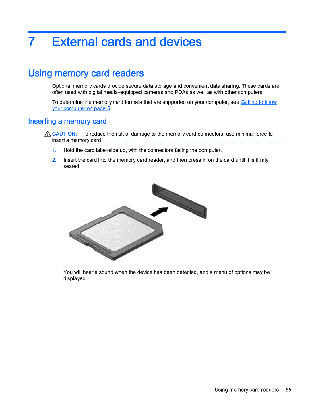 HP Pro x2 612 G1 (Windows 8.1) manual External cards and devices, Using memory card readers, Inserting a memory card 