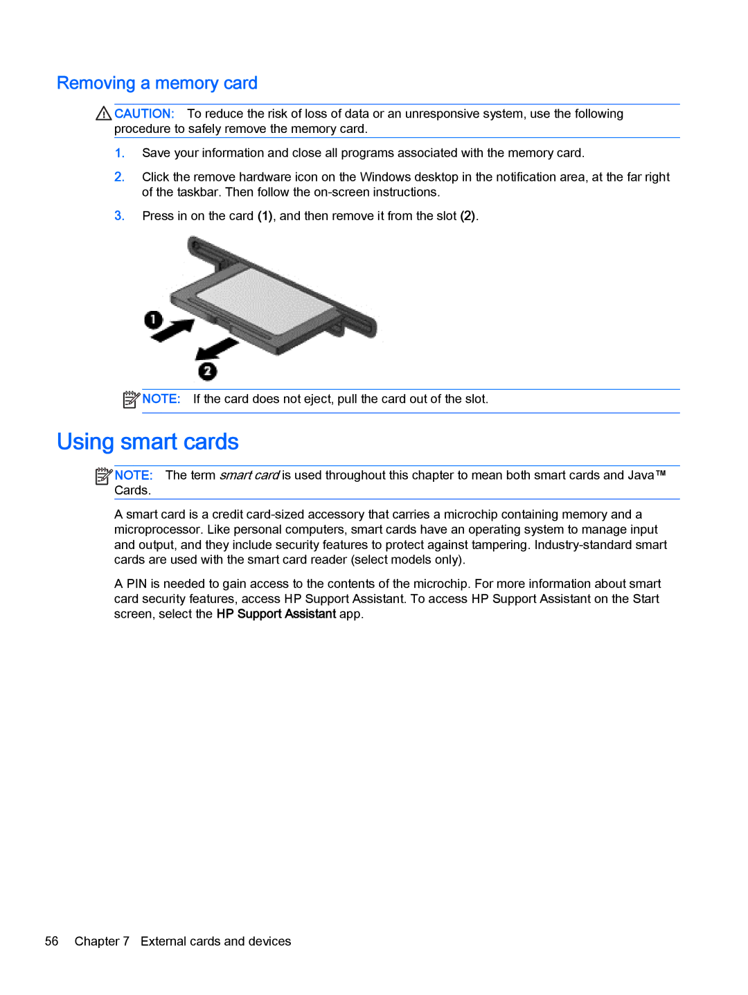 HP Pro x2 612 G1 (Windows 8.1) manual Using smart cards, Removing a memory card 