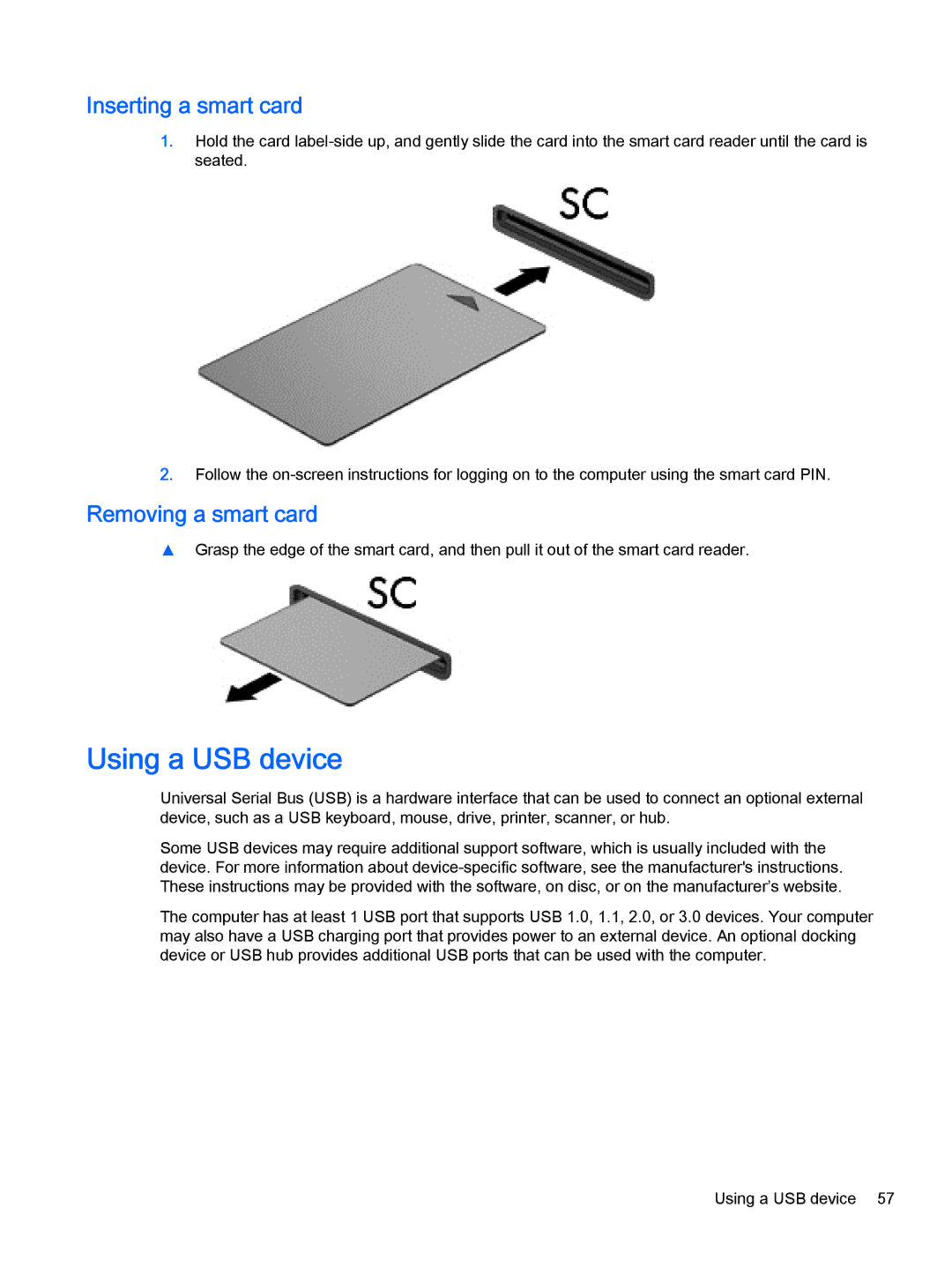 HP Pro x2 612 G1 (Windows 8.1) manual Using a USB device, Inserting a smart card, Removing a smart card 