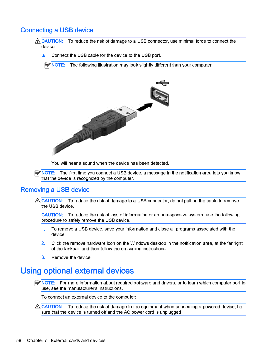 HP Pro x2 612 G1 (Windows 8.1) manual Using optional external devices, Connecting a USB device, Removing a USB device 