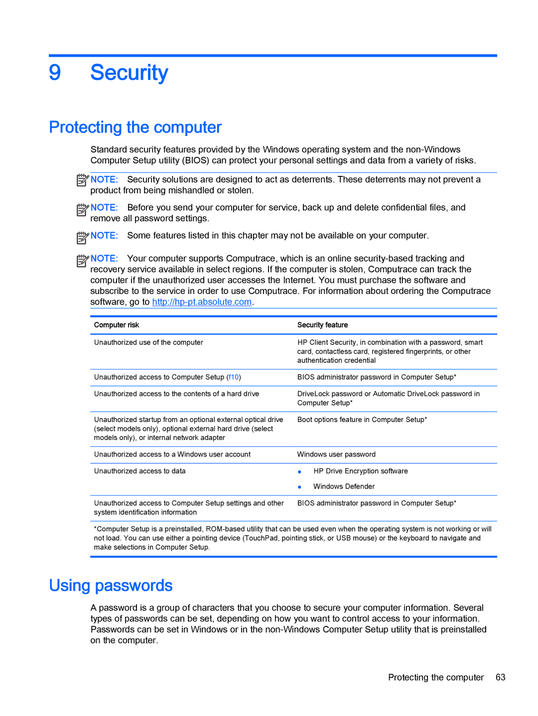 HP Pro x2 612 G1 (Windows 8.1) manual Security, Protecting the computer, Using passwords 