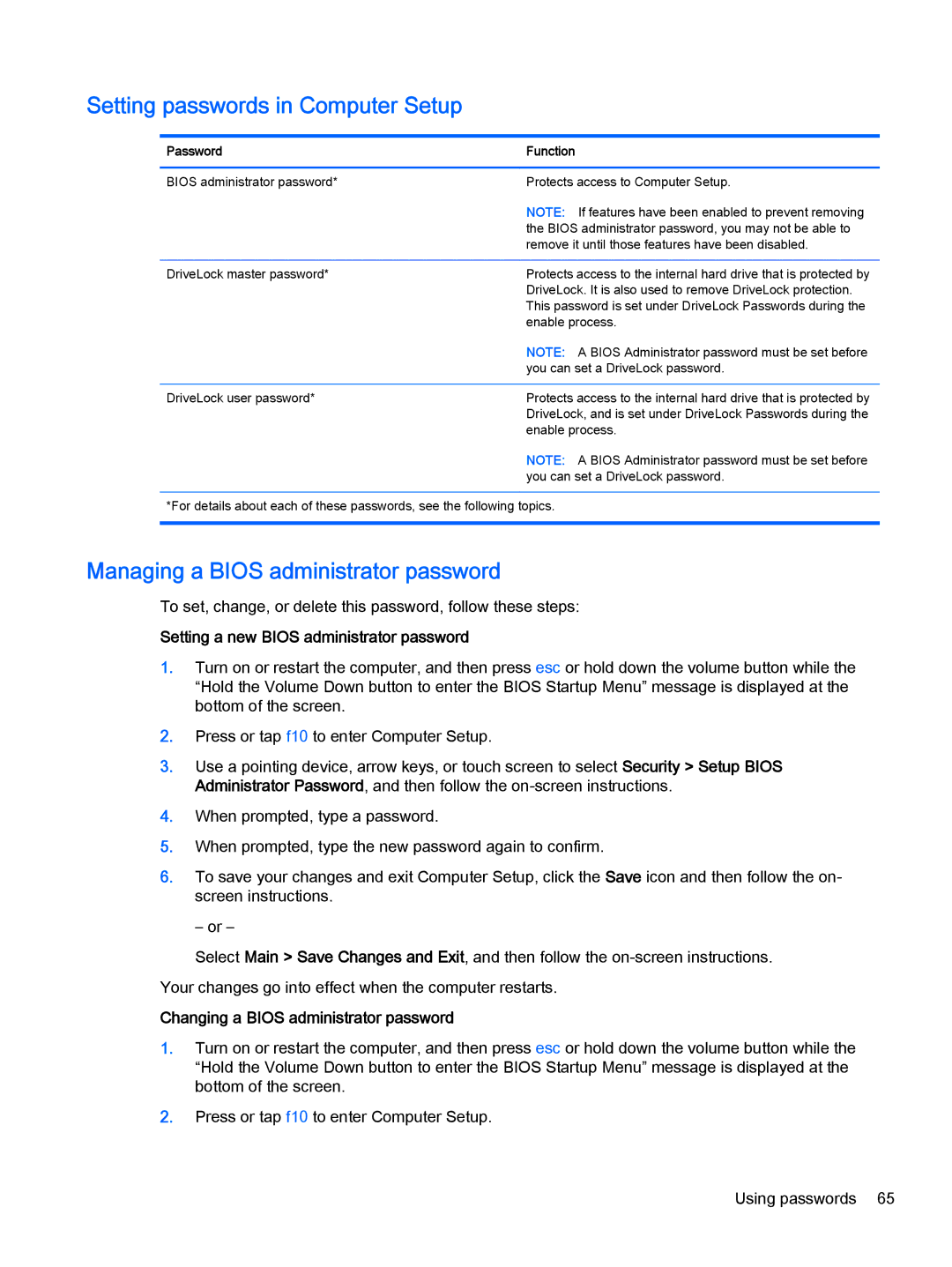 HP Pro x2 612 G1 (Windows 8.1) manual Setting passwords in Computer Setup, Managing a Bios administrator password 