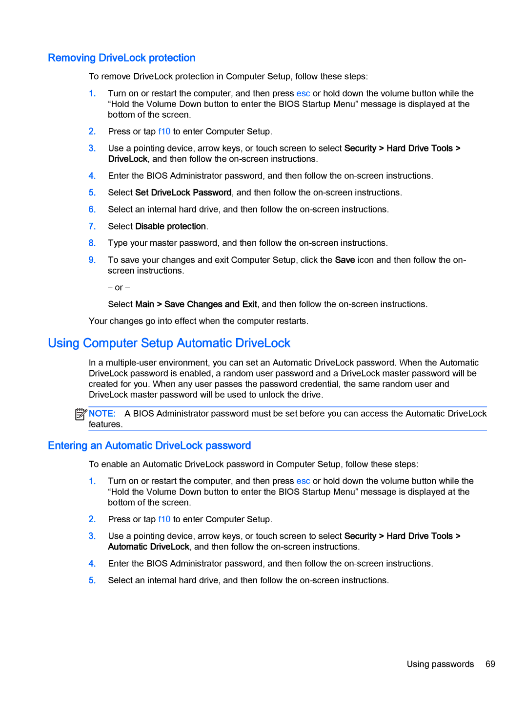 HP Pro x2 612 G1 (Windows 8.1) manual Using Computer Setup Automatic DriveLock, Removing DriveLock protection 