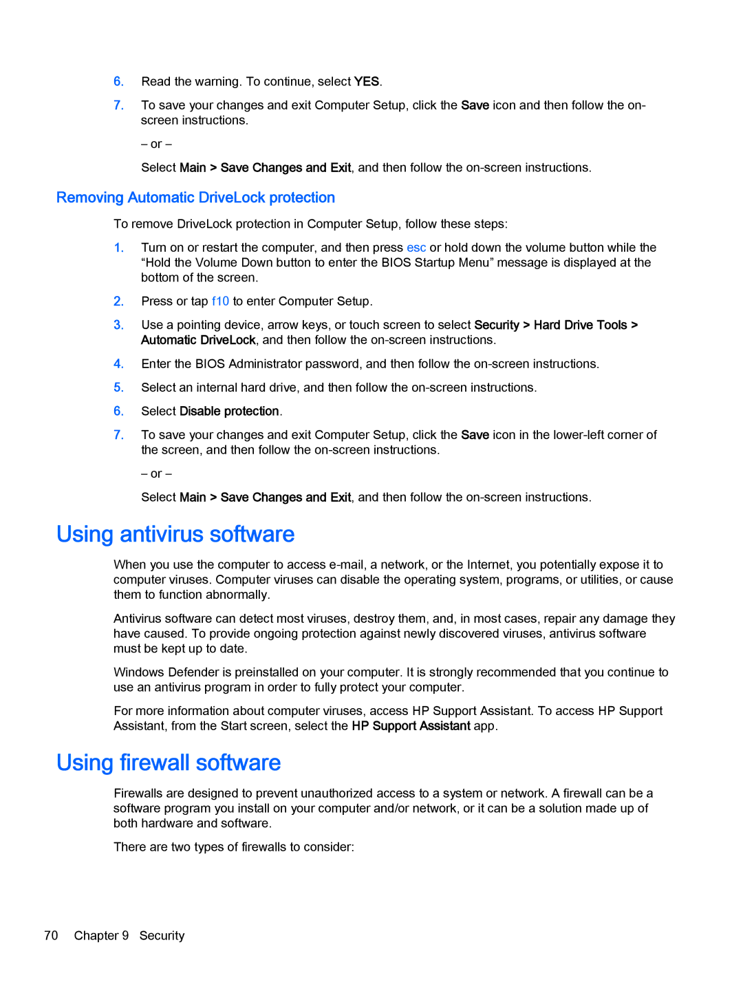 HP Pro x2 612 G1 (Windows 8.1) Using antivirus software, Using firewall software, Removing Automatic DriveLock protection 