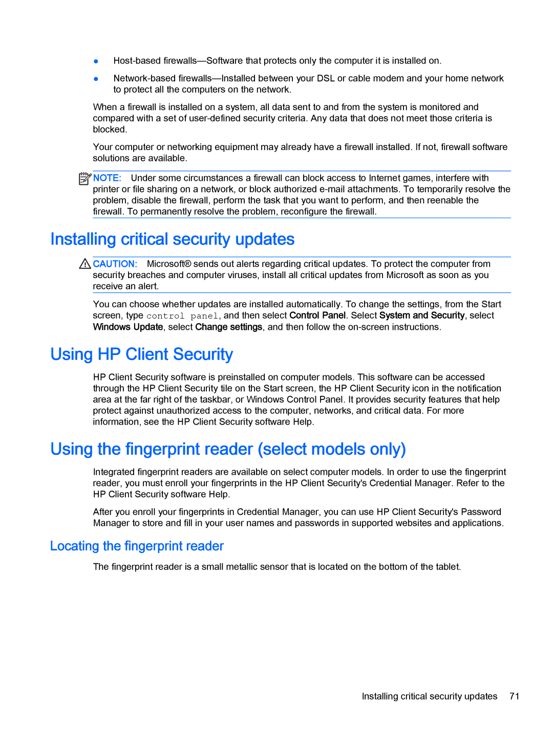 HP Pro x2 612 G1 (Windows 8.1) manual Installing critical security updates, Using HP Client Security 