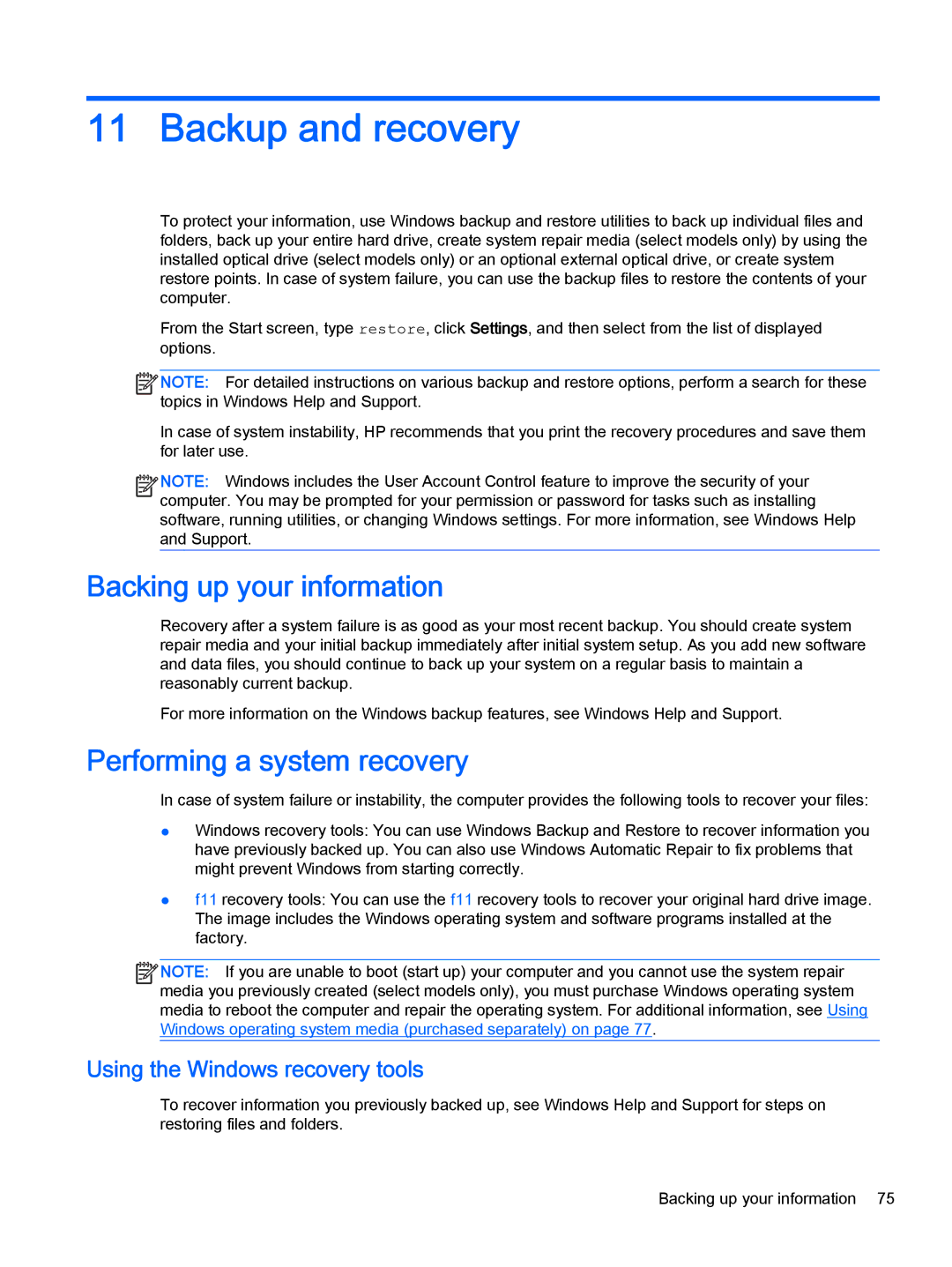 HP Pro x2 612 G1 (Windows 8.1) manual Backup and recovery, Backing up your information, Performing a system recovery 