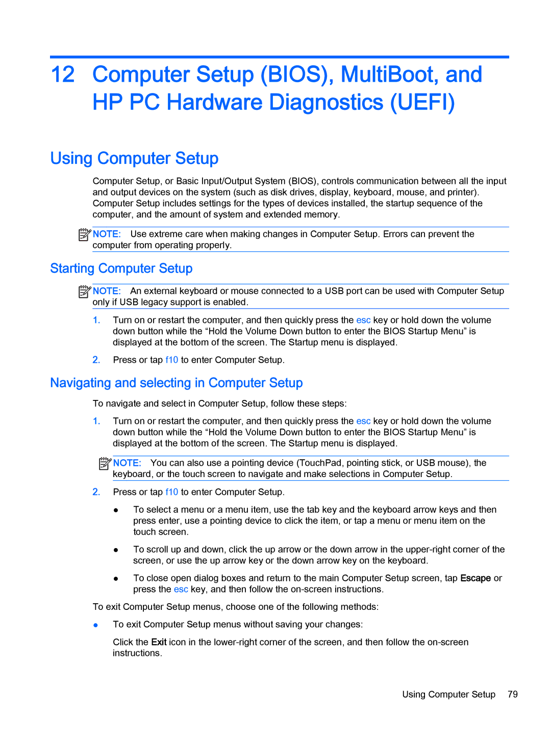 HP Pro x2 612 G1 (Windows 8.1) Using Computer Setup, Starting Computer Setup, Navigating and selecting in Computer Setup 