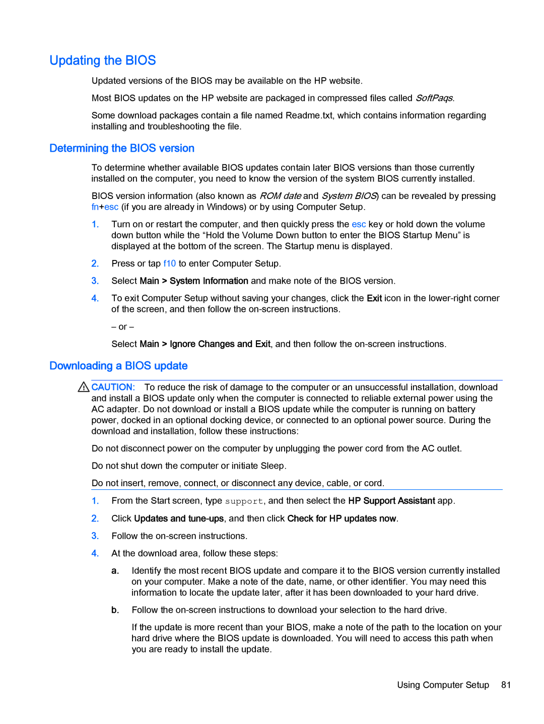 HP Pro x2 612 G1 (Windows 8.1) manual Updating the Bios, Determining the Bios version, Downloading a Bios update 