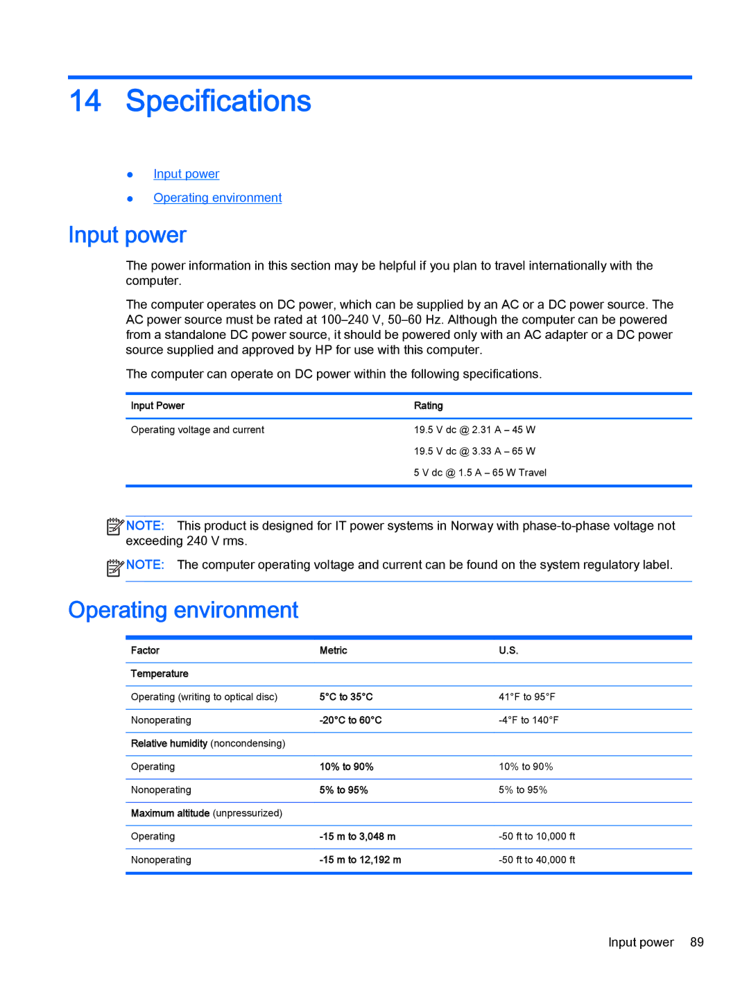 HP Pro x2 612 G1 (Windows 8.1) manual Specifications, Input power, Operating environment 