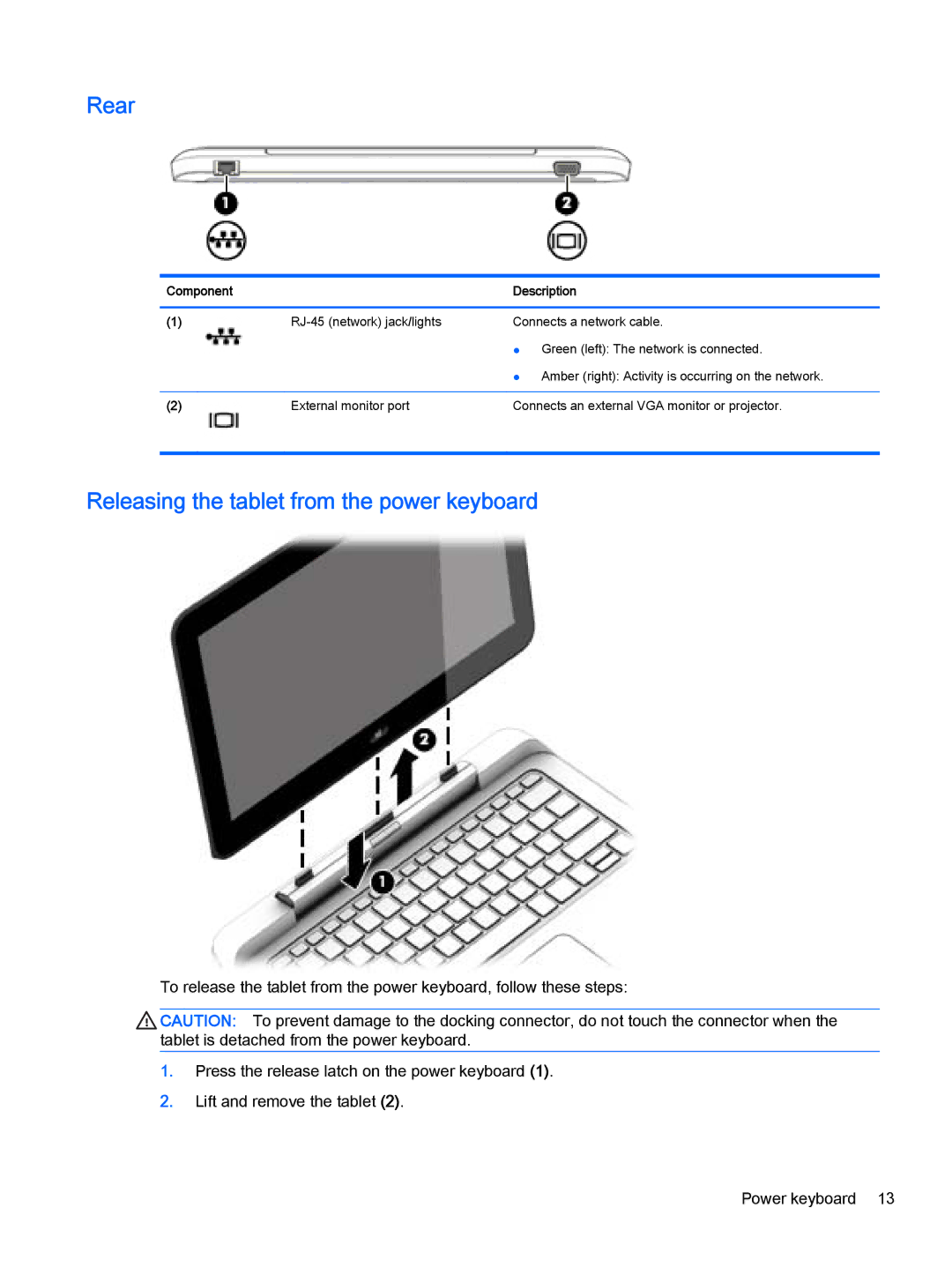 HP Pro x2 612 G1 manual Rear, Releasing the tablet from the power keyboard 