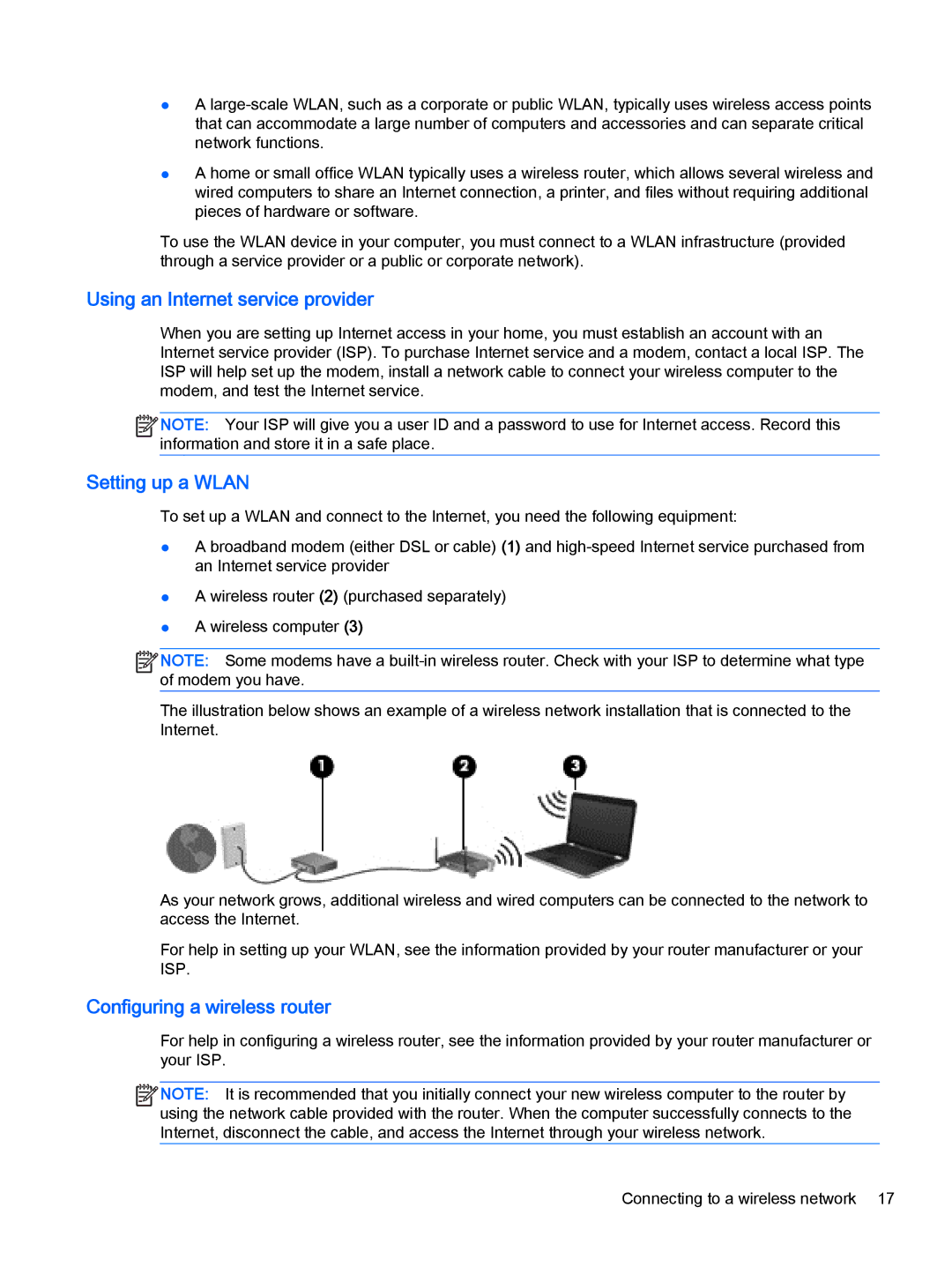 HP Pro x2 612 G1 manual Using an Internet service provider, Setting up a Wlan, Configuring a wireless router 