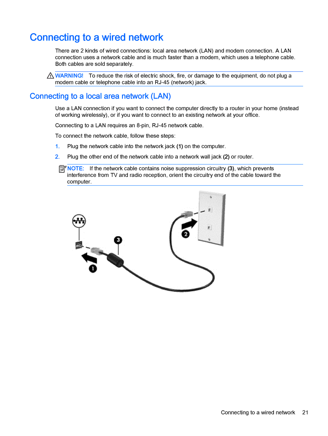 HP Pro x2 612 G1 manual Connecting to a wired network, Connecting to a local area network LAN 