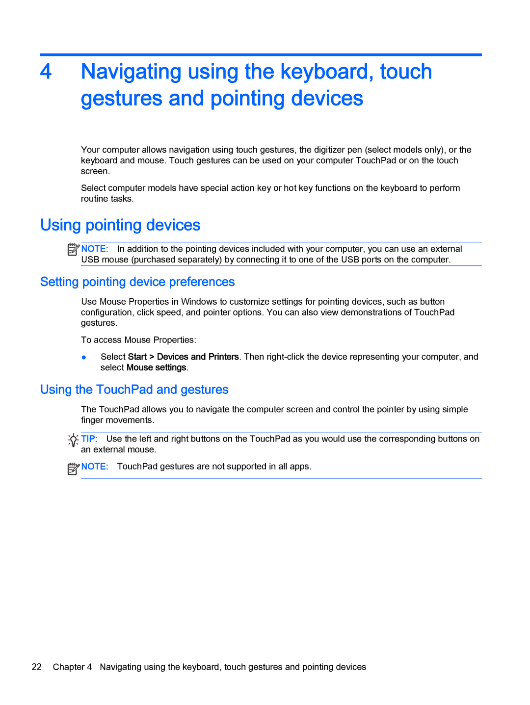 HP Pro x2 612 G1 manual Using pointing devices, Setting pointing device preferences, Using the TouchPad and gestures 