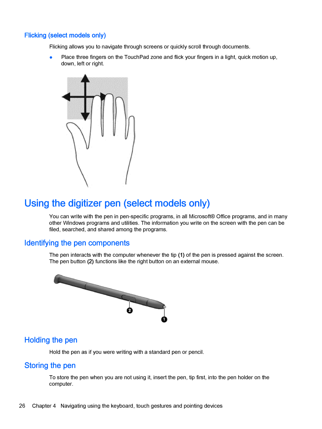 HP Pro x2 612 G1 manual Using the digitizer pen select models only, Identifying the pen components, Holding the pen 