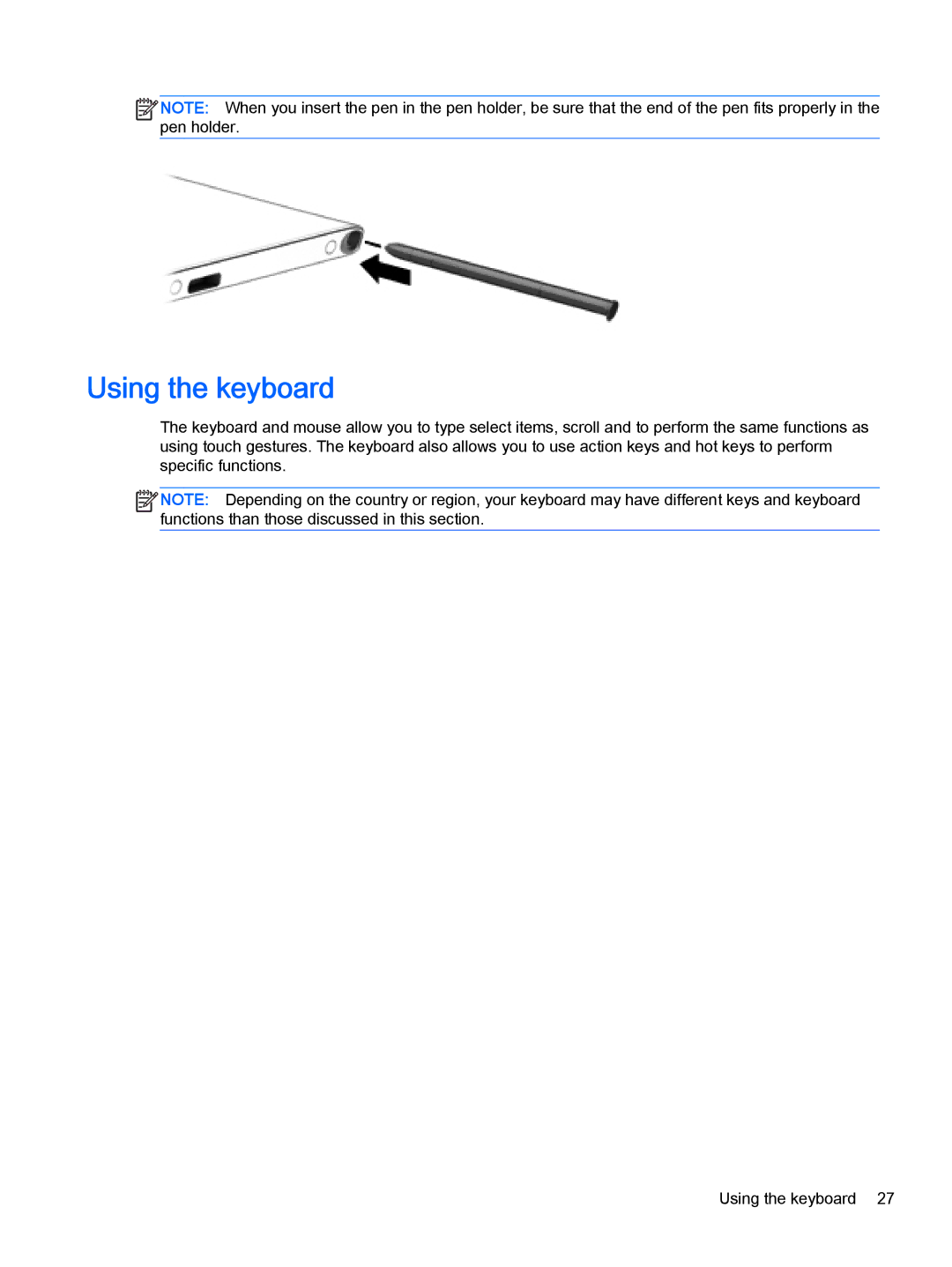 HP Pro x2 612 G1 manual Using the keyboard 