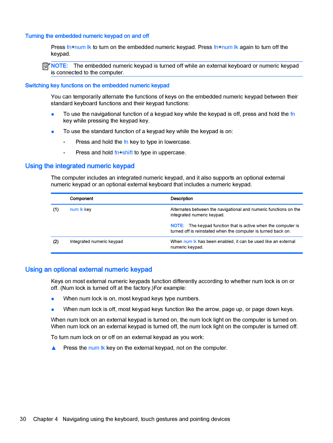 HP Pro x2 612 G1 manual Using the integrated numeric keypad, Using an optional external numeric keypad 