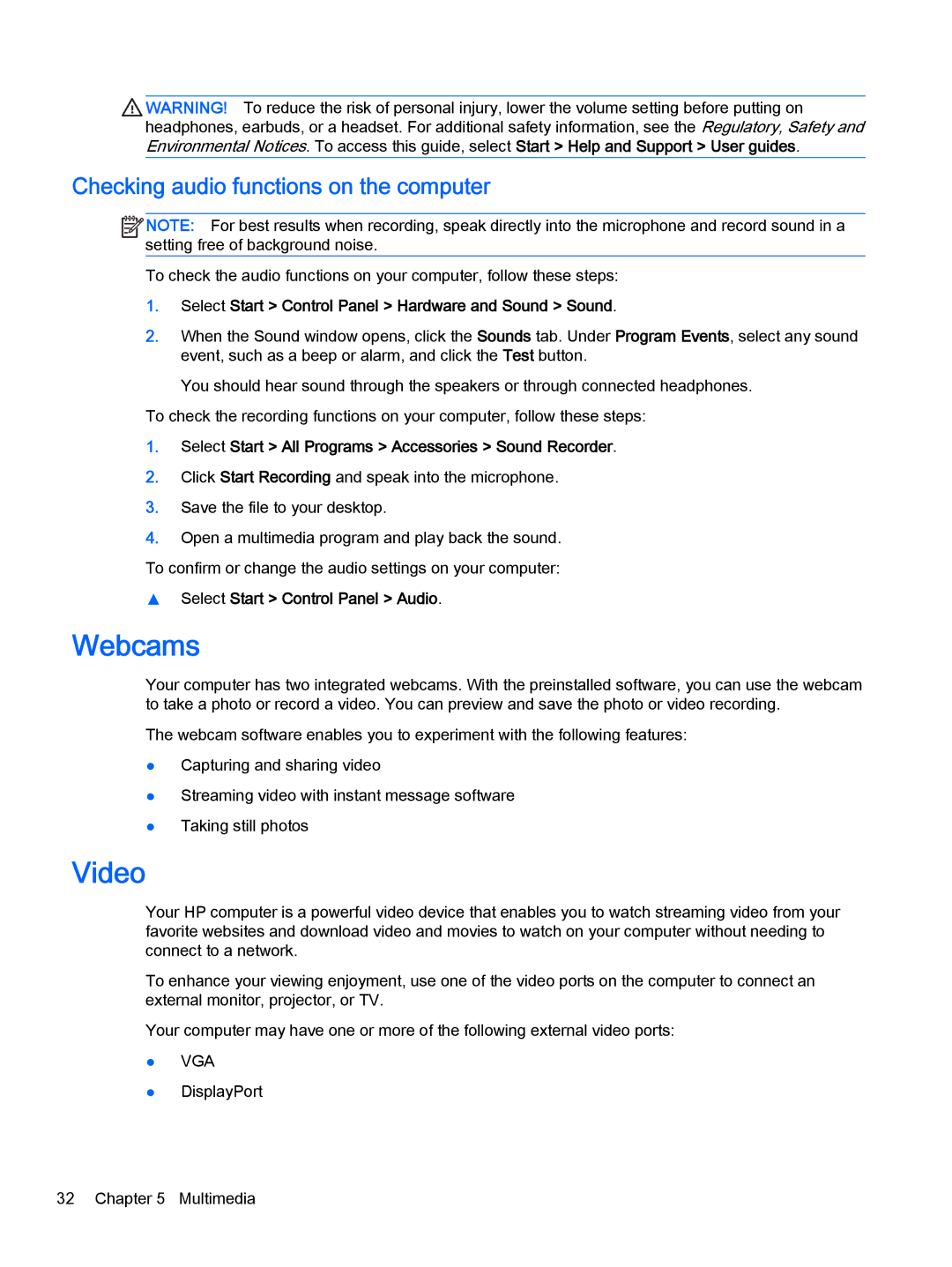 HP Pro x2 612 G1 manual Webcams, Video, Checking audio functions on the computer 