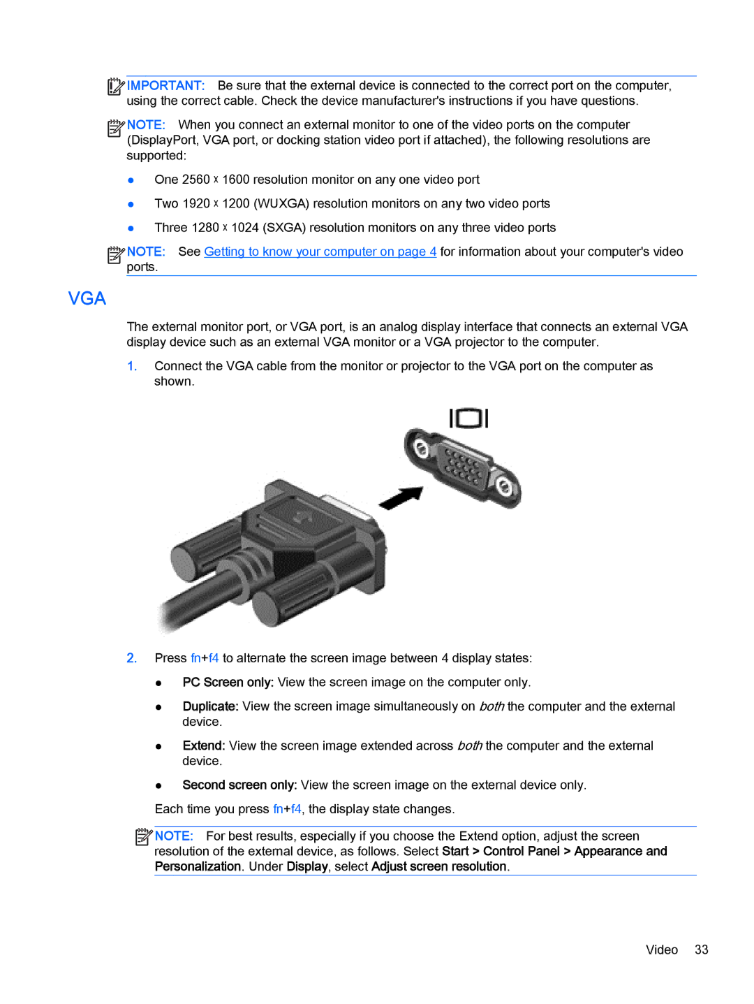 HP Pro x2 612 G1 manual Vga 