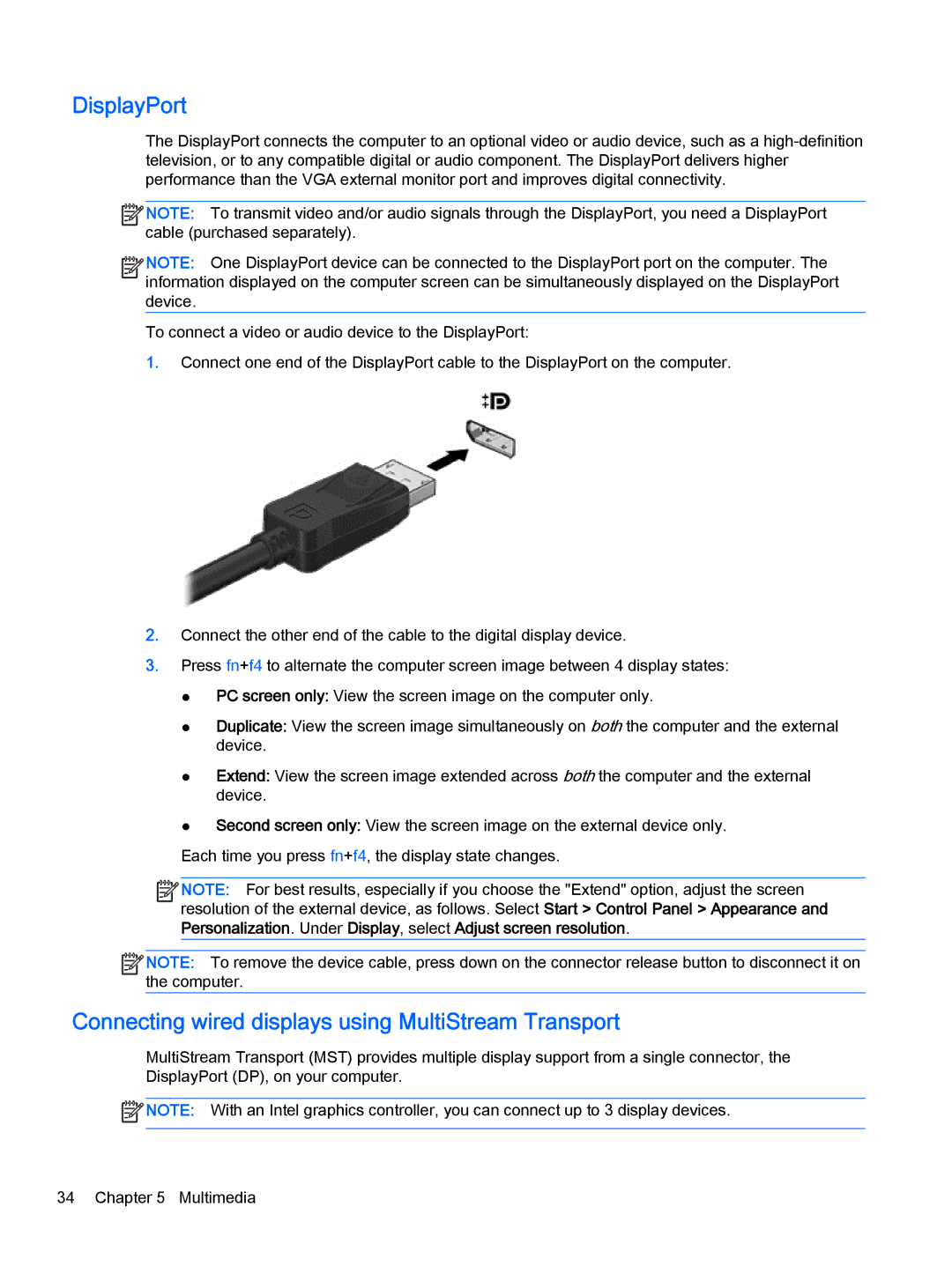 HP Pro x2 612 G1 manual DisplayPort, Connecting wired displays using MultiStream Transport 