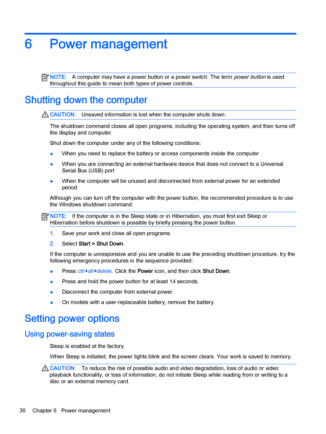 HP Pro x2 612 G1 manual Power management, Shutting down the computer, Setting power options, Using power-saving states 