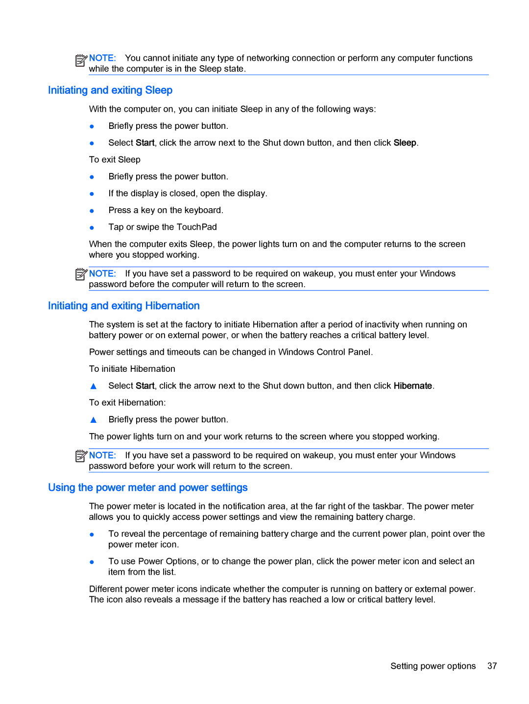 HP Pro x2 612 G1 manual Initiating and exiting Sleep, Initiating and exiting Hibernation 