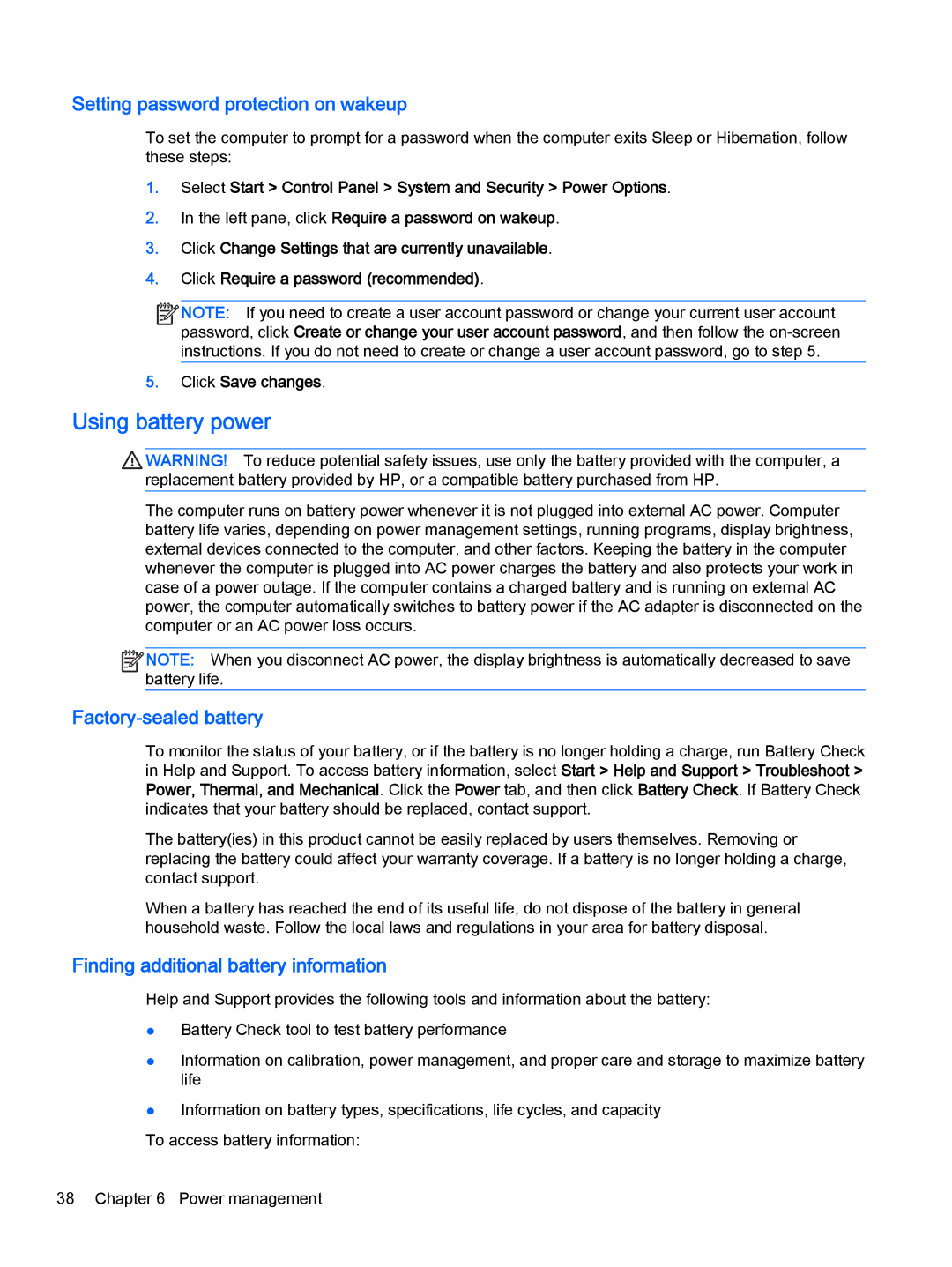 HP Pro x2 612 G1 manual Using battery power, Setting password protection on wakeup, Factory-sealed battery 