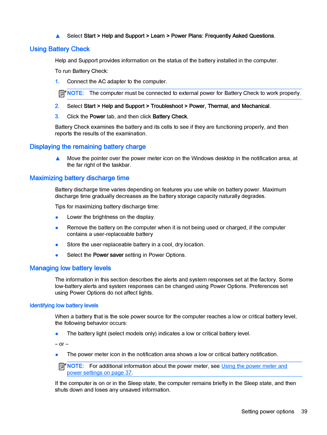 HP Pro x2 612 G1 manual Using Battery Check, Displaying the remaining battery charge, Maximizing battery discharge time 