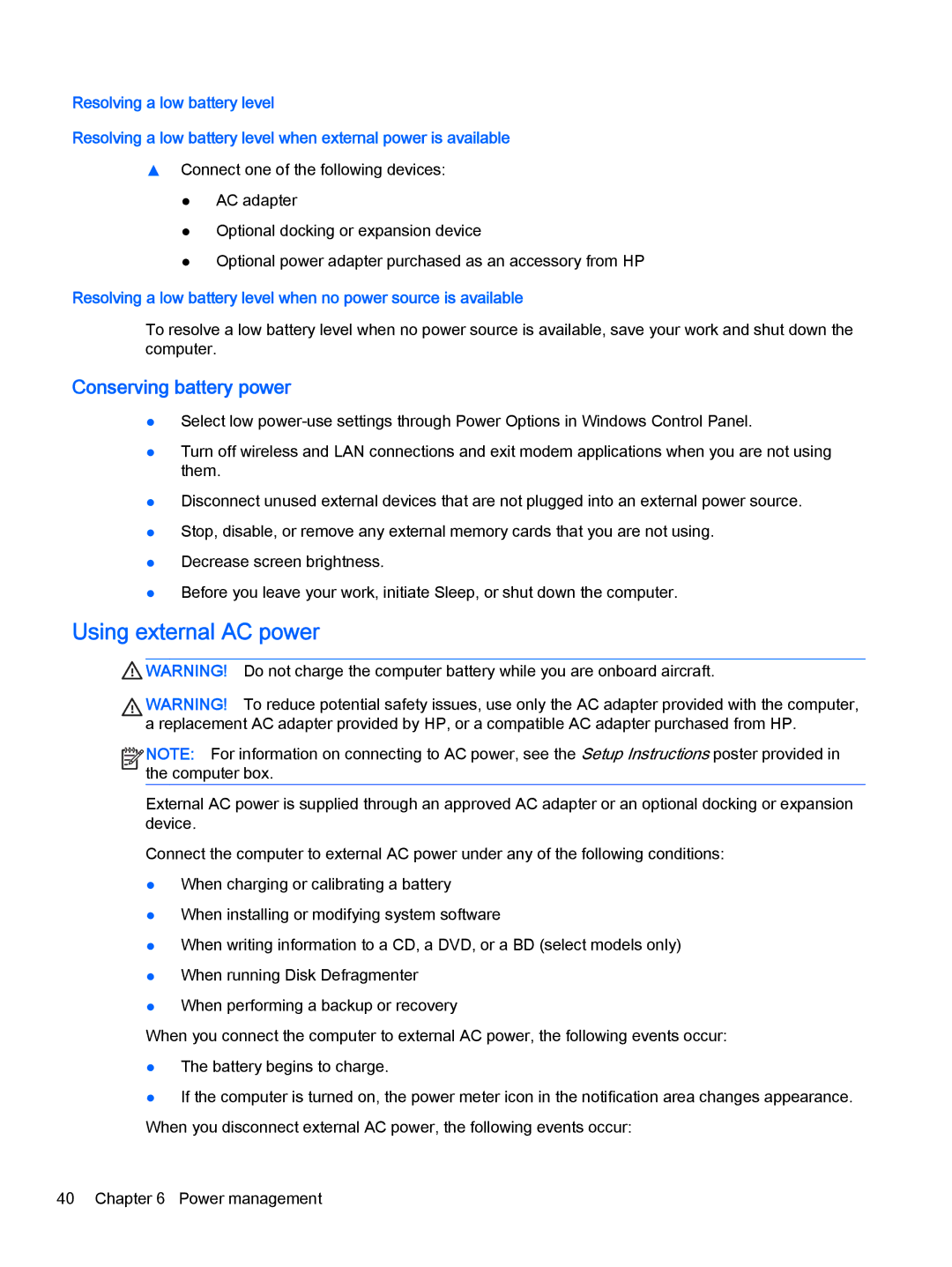 HP Pro x2 612 G1 manual Using external AC power, Conserving battery power 