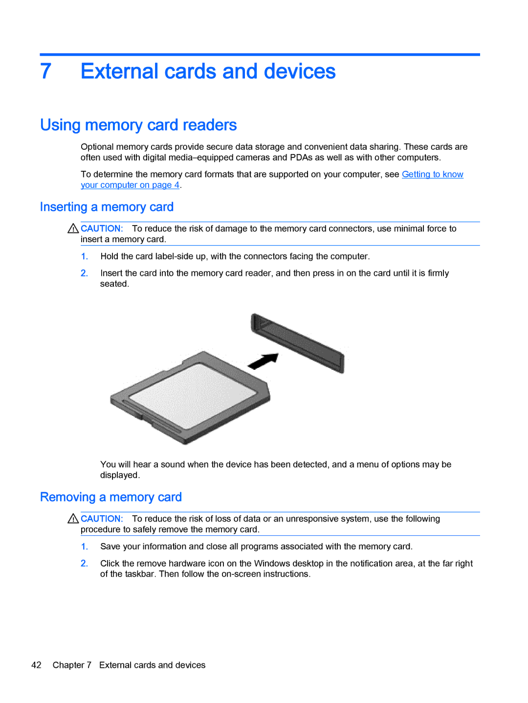 HP Pro x2 612 G1 External cards and devices, Using memory card readers, Inserting a memory card, Removing a memory card 