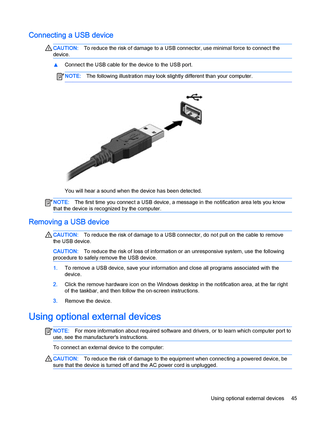 HP Pro x2 612 G1 manual Using optional external devices, Connecting a USB device, Removing a USB device 