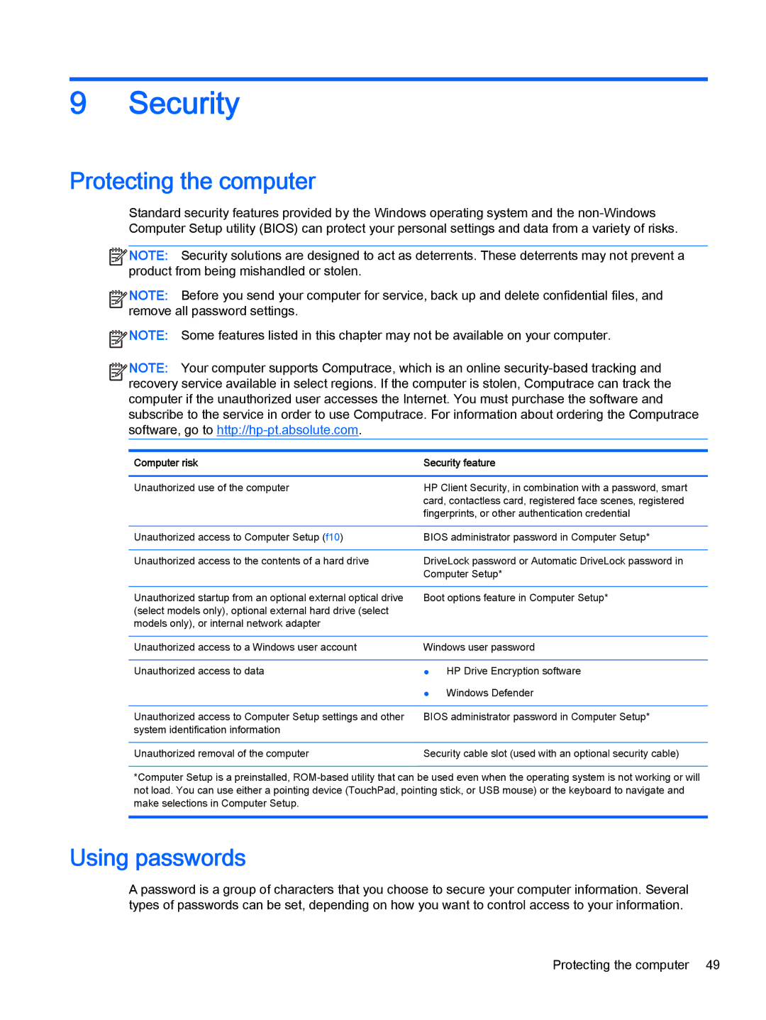 HP Pro x2 612 G1 manual Protecting the computer, Using passwords, Computer risk Security feature 