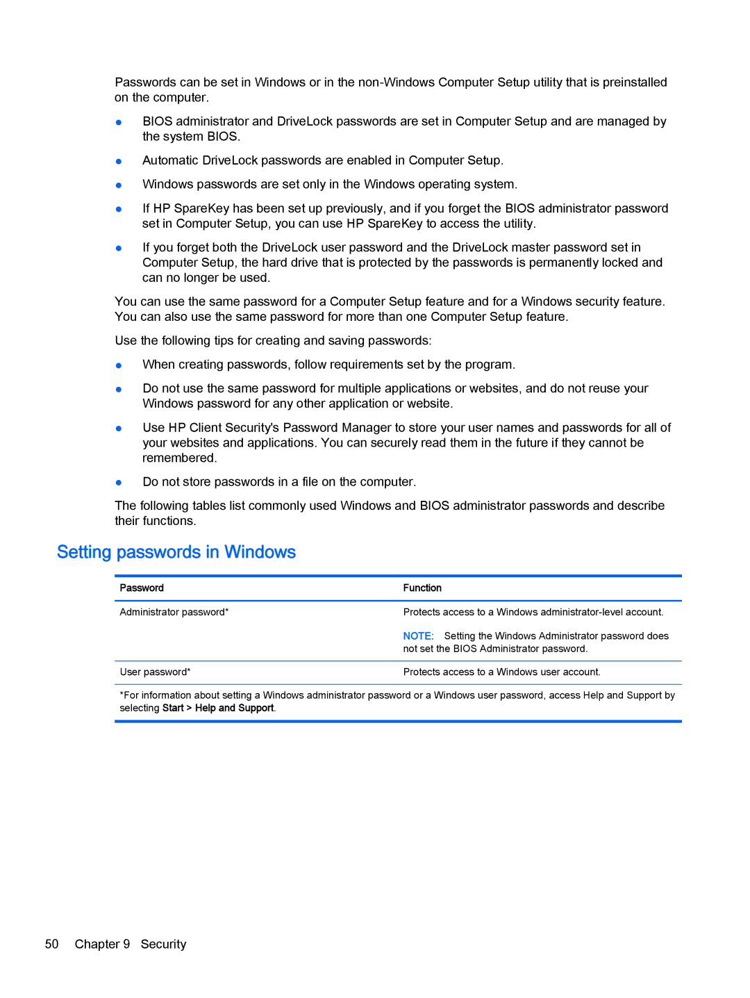 HP Pro x2 612 G1 manual Setting passwords in Windows, Password Function 