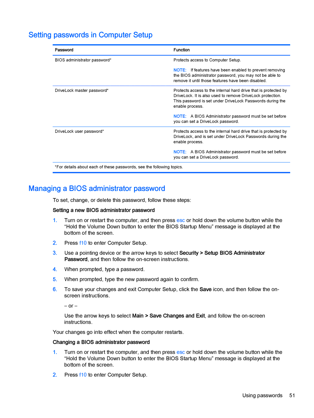 HP Pro x2 612 G1 manual Setting passwords in Computer Setup, Managing a Bios administrator password 