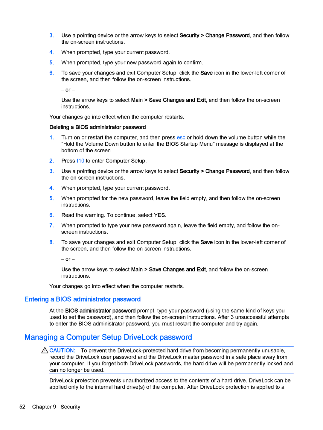 HP Pro x2 612 G1 manual Managing a Computer Setup DriveLock password, Entering a Bios administrator password 