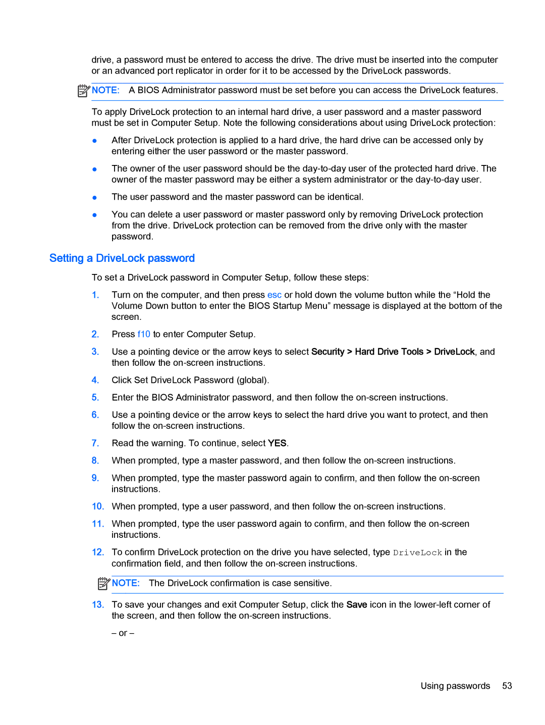 HP Pro x2 612 G1 manual Setting a DriveLock password 