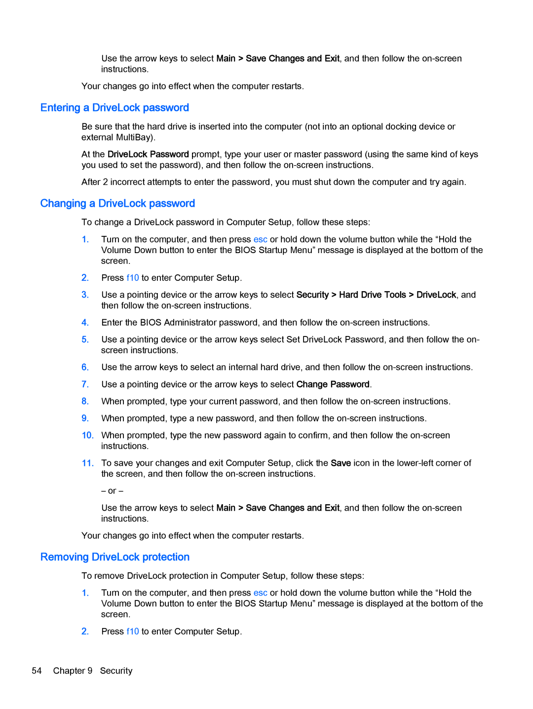 HP Pro x2 612 G1 manual Entering a DriveLock password, Changing a DriveLock password, Removing DriveLock protection 