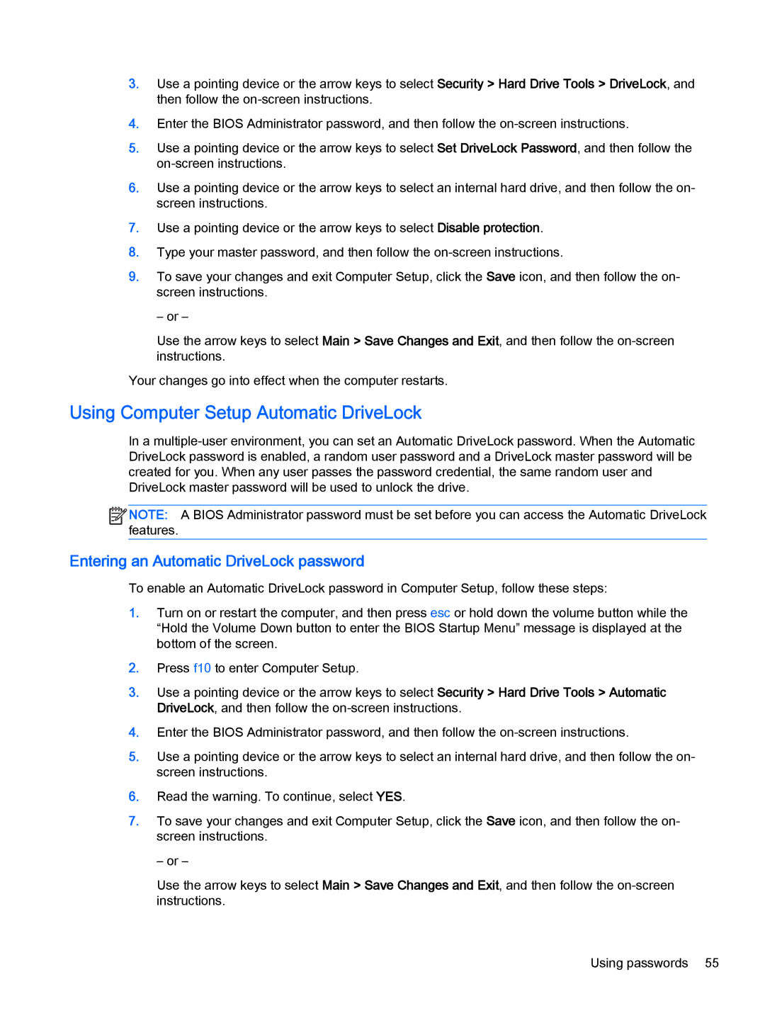 HP Pro x2 612 G1 manual Using Computer Setup Automatic DriveLock, Entering an Automatic DriveLock password 