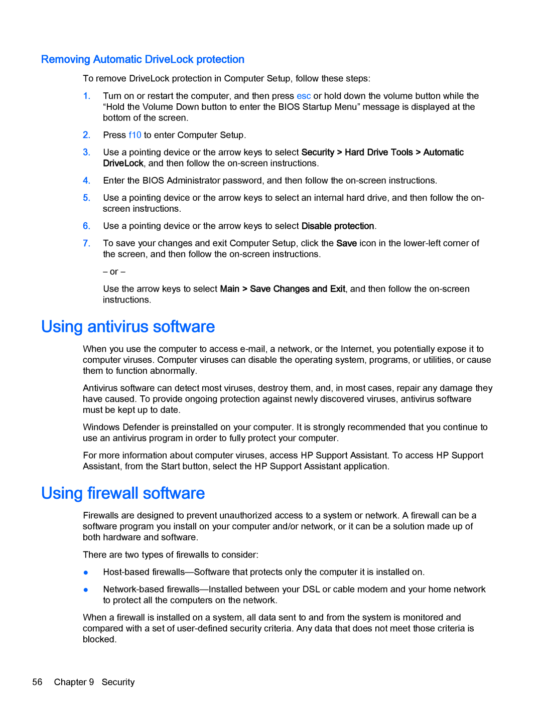 HP Pro x2 612 G1 manual Using antivirus software, Using firewall software, Removing Automatic DriveLock protection 