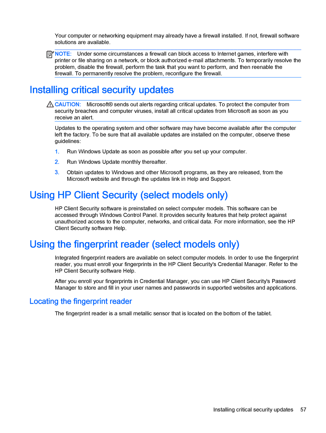 HP Pro x2 612 G1 manual Installing critical security updates, Using HP Client Security select models only 