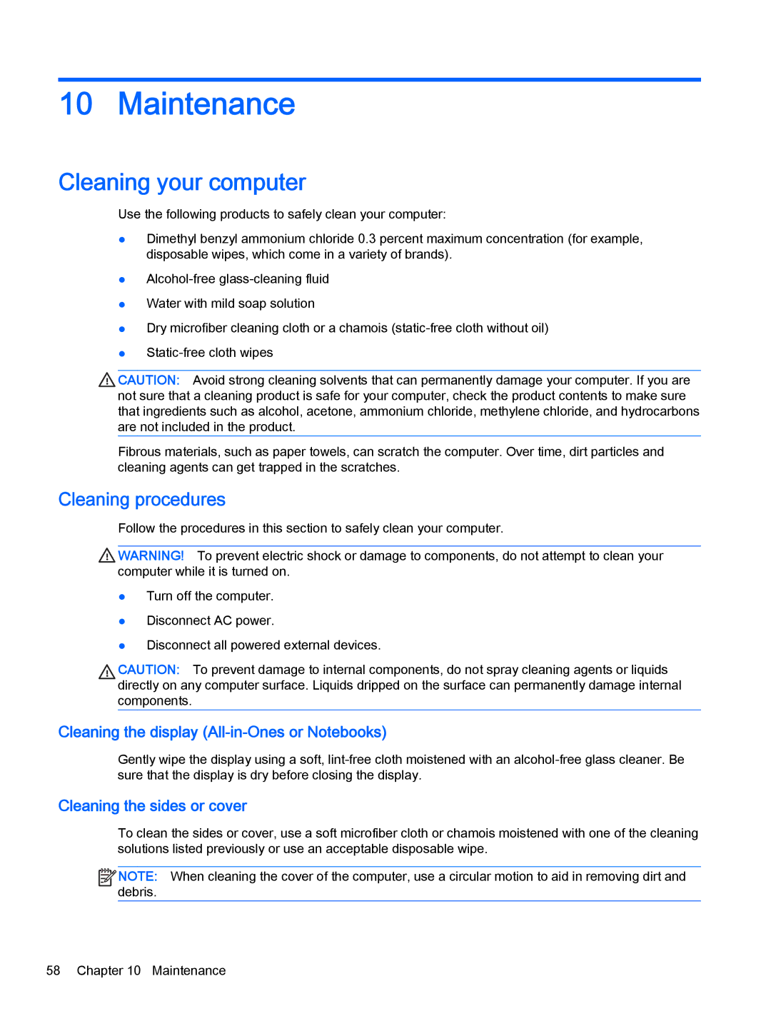 HP Pro x2 612 G1 Maintenance, Cleaning your computer, Cleaning procedures, Cleaning the display All-in-Ones or Notebooks 